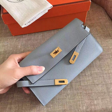 HERM Kelly Classic Long Wallet In Ciel Epsom Leather