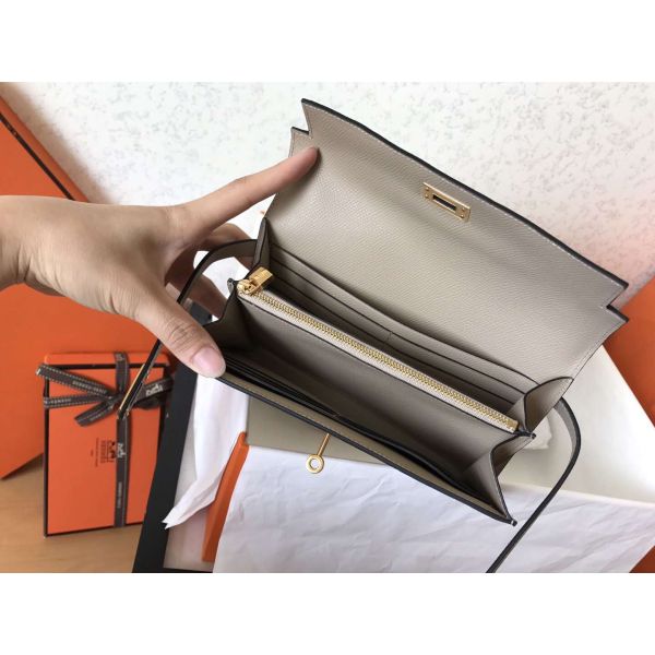 HERM Kelly Classic Long Wallet In Grey Epsom Leather