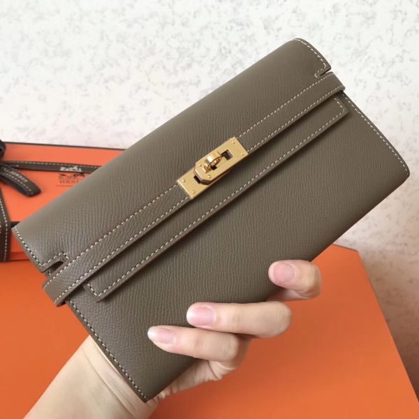 HERM Kelly Classic Long Wallet In Taupe Epsom Leather