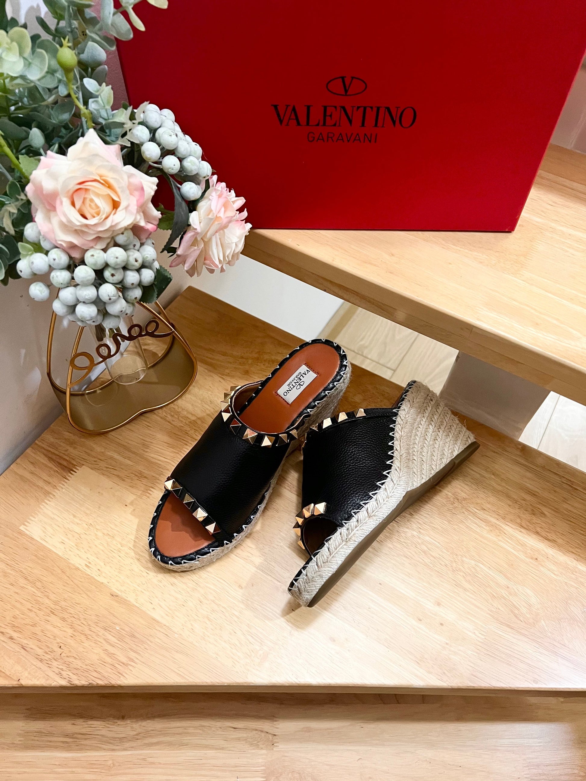 LACE-UP WEDGE SANDALS IN BLACK CALFSKIN WITH STUDS