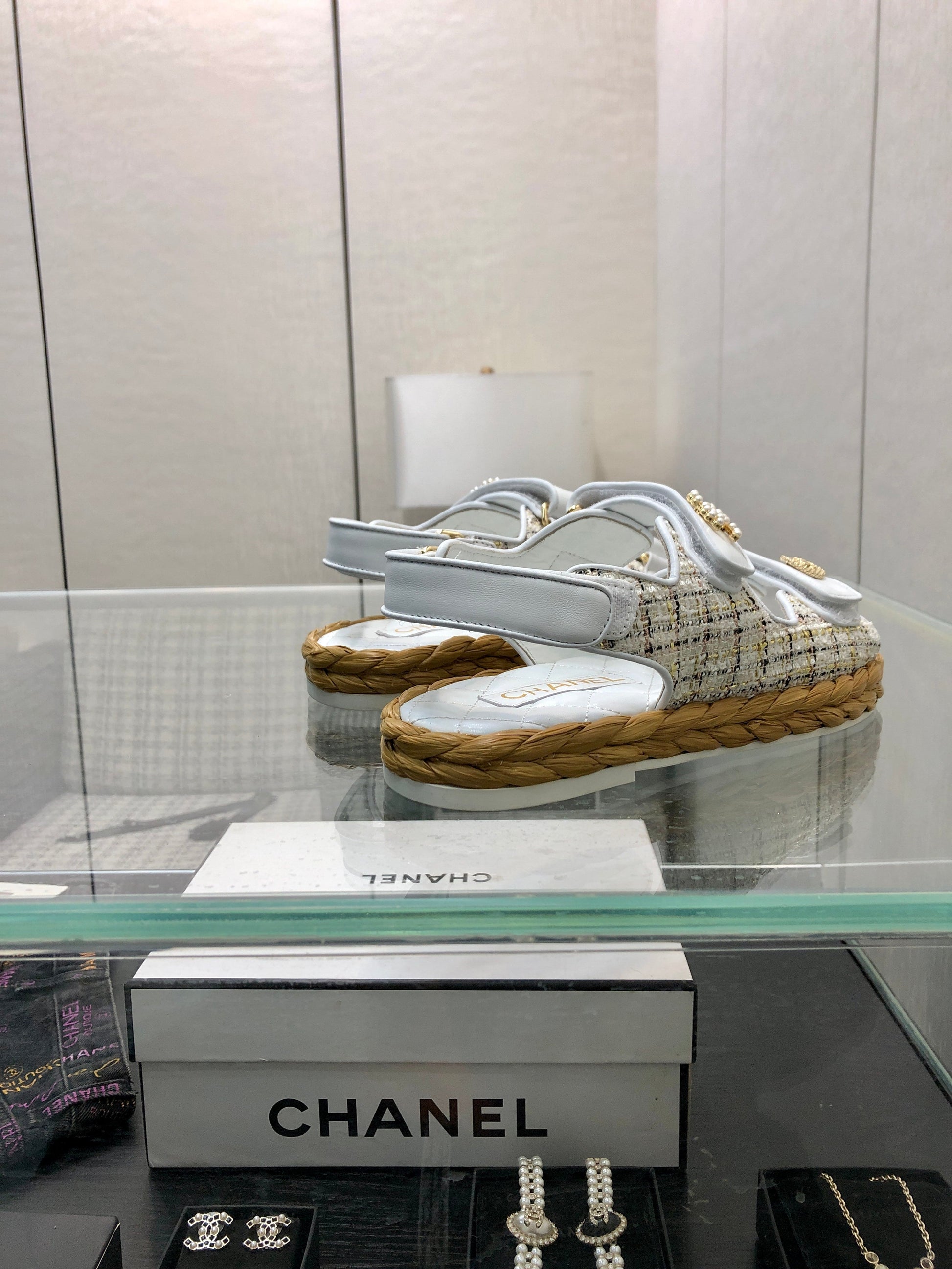 VELCRO SANDALS IN WHITE LAMBSKIN AND TWEED FABRIC
