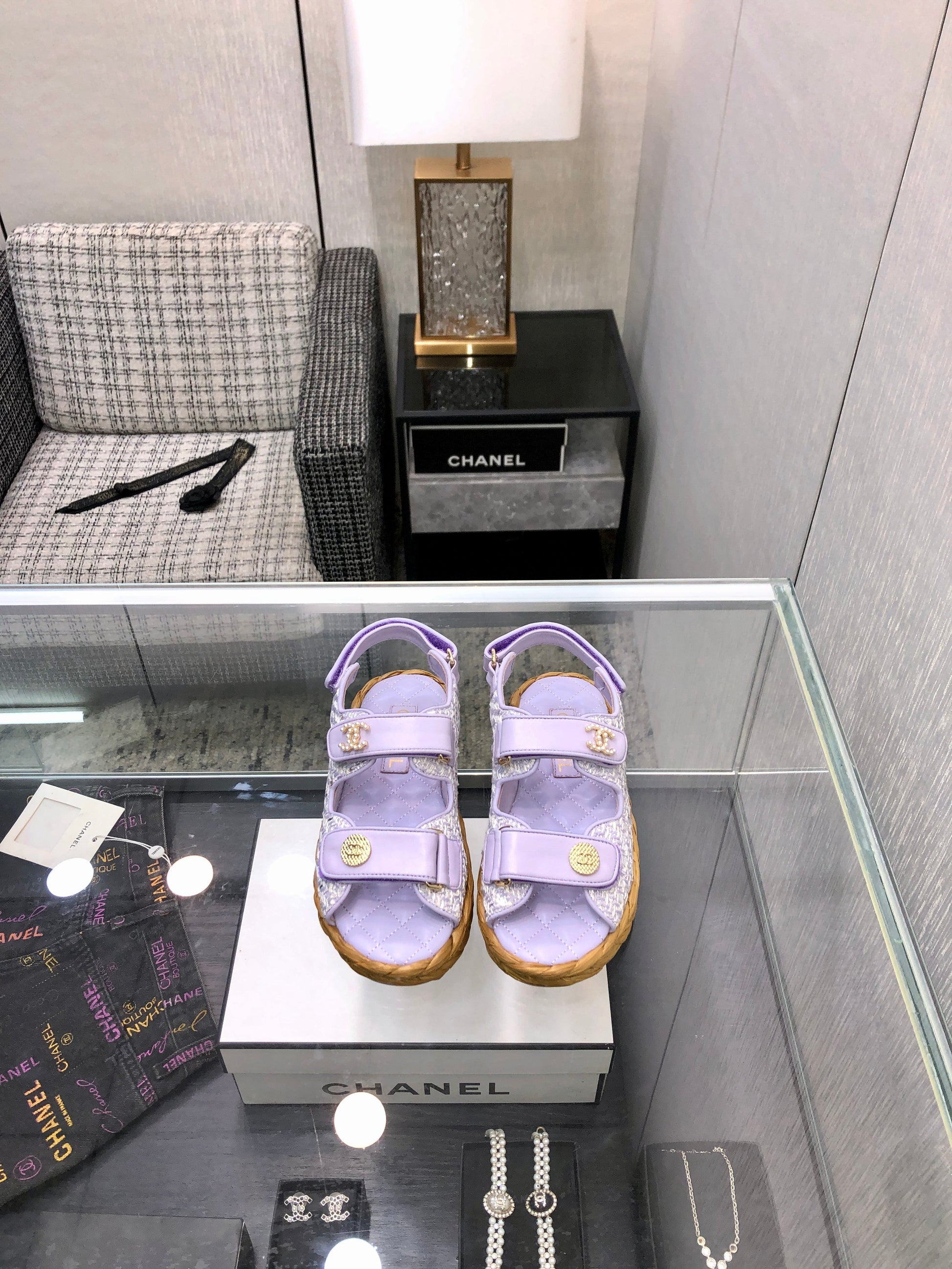 VELCRO SANDALS IN PALE PURPLE LAMBSKIN AND TWEED FABRIC