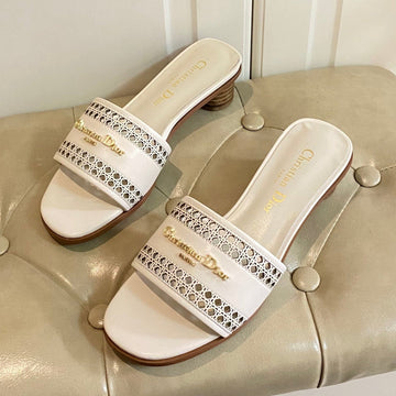 DWAY HEELED SLIDE IN WHITE CALFSKIN WITH GOLD LOGO
