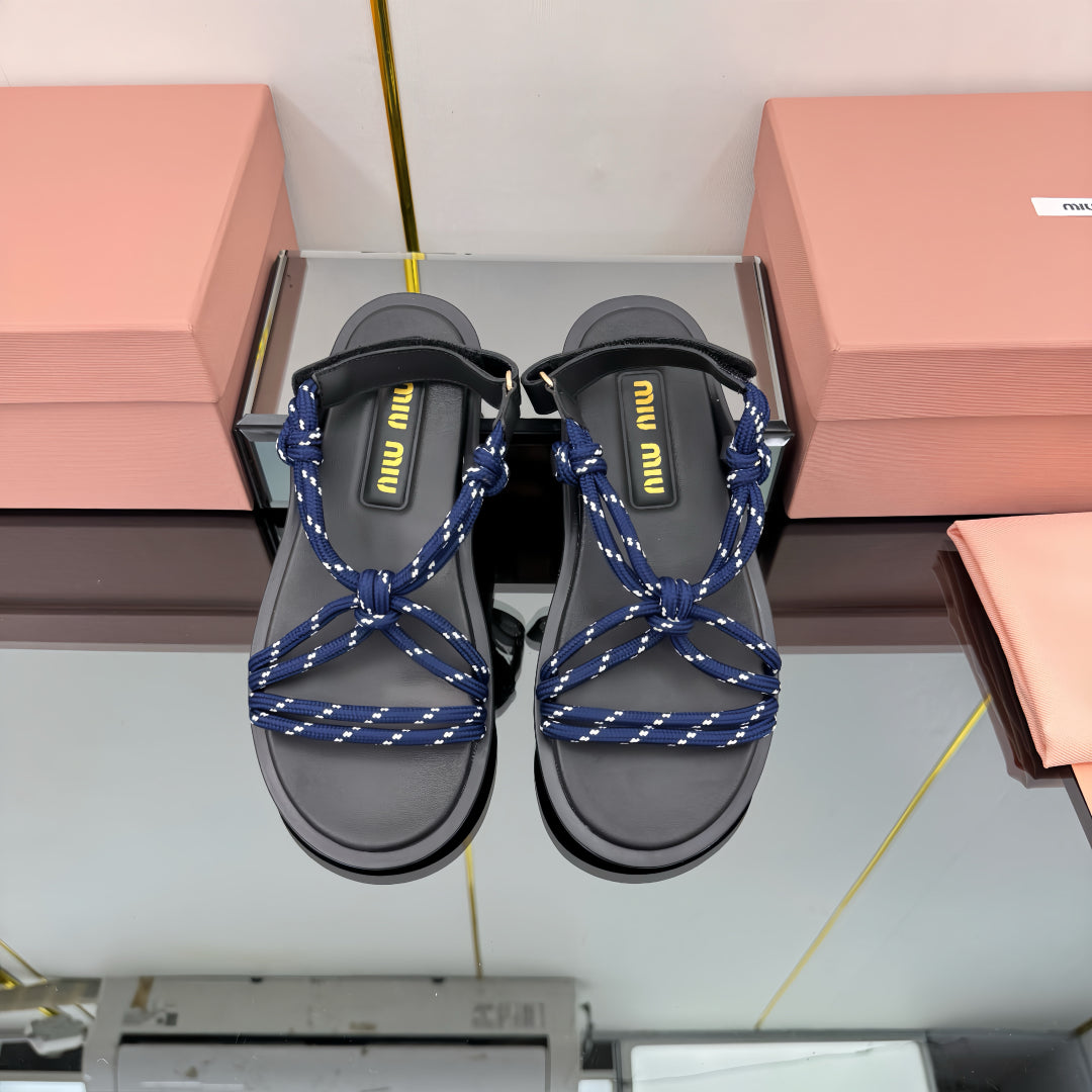 RIVIERE SANDALS IN BLACK CALFSKIN DARK BLUE CORD