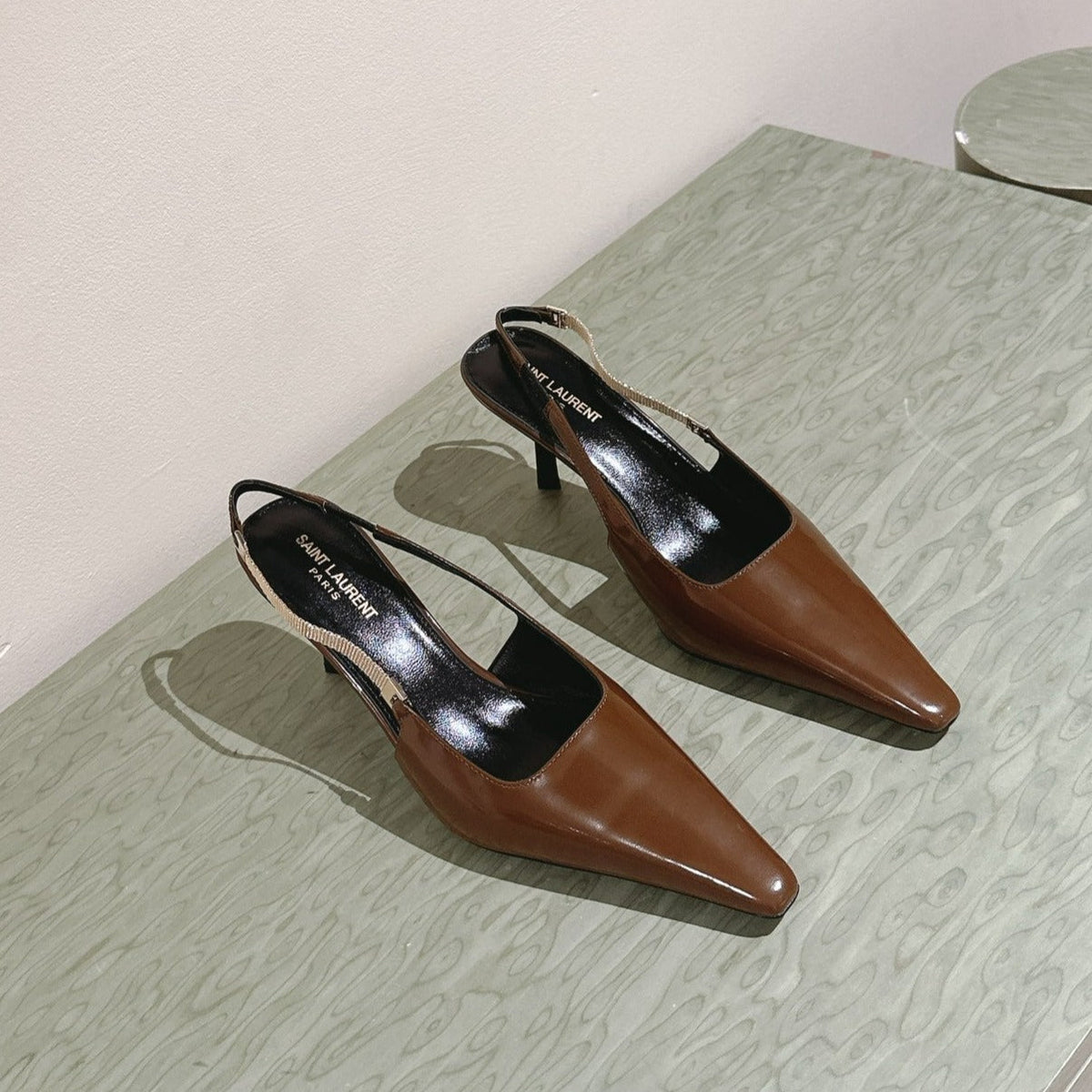 BLAKE SLINGBACK PUMPS 80 IN BROWN PATENT LEATHER