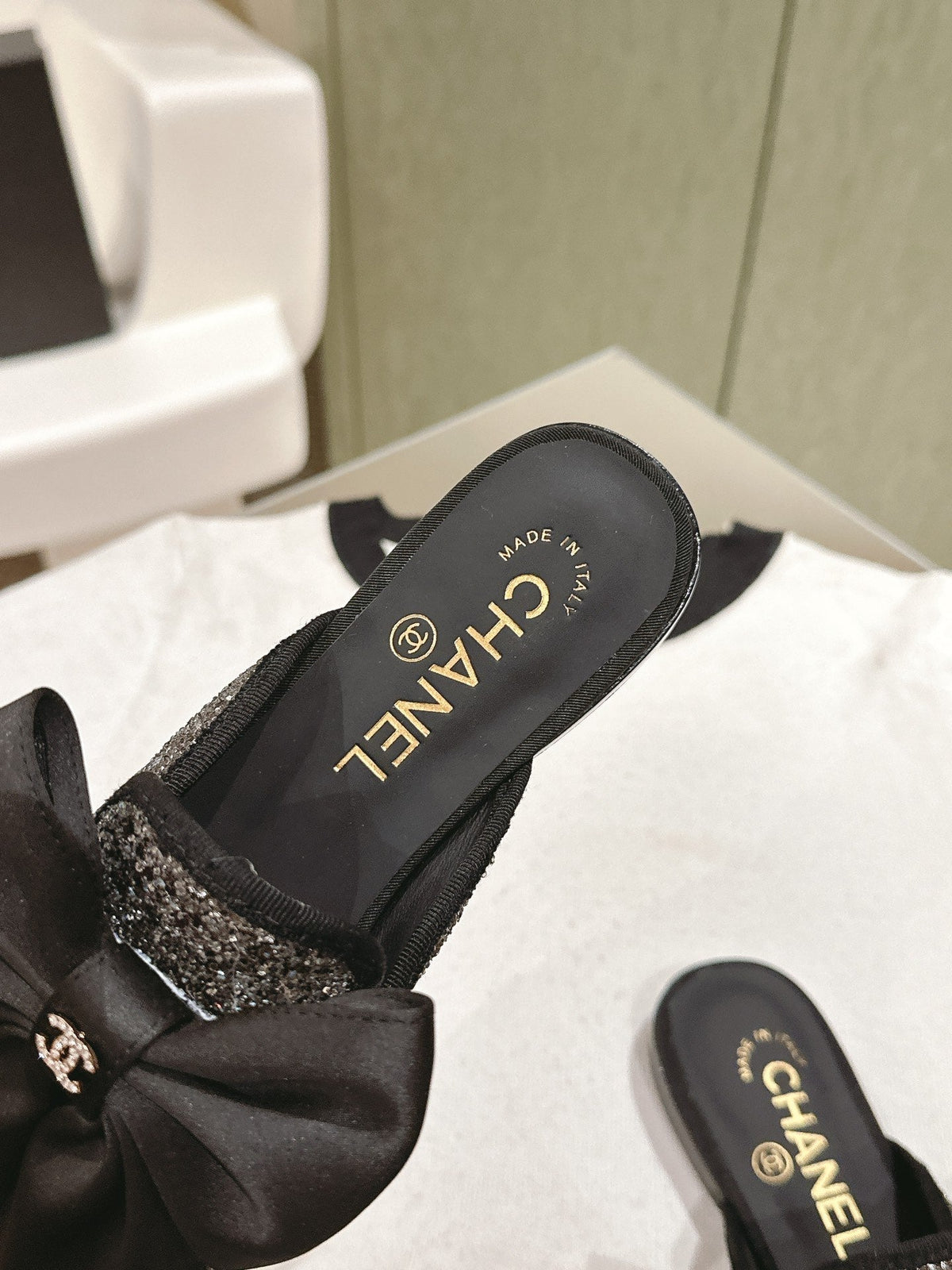 CC JEWELED MULE WITH SILK BOW AND BLACK LAMBSKIN