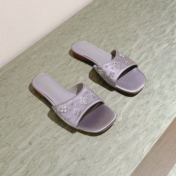 LV WOMEN FLAT MULE IN PASTEL PURPLE SATIN WITH RHINESTONE