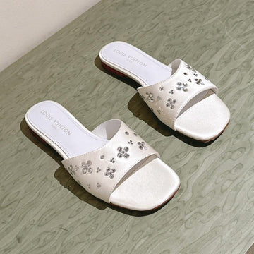 LV WOMEN FLAT MULE IN WHITE SATIN WITH RHINESTONE