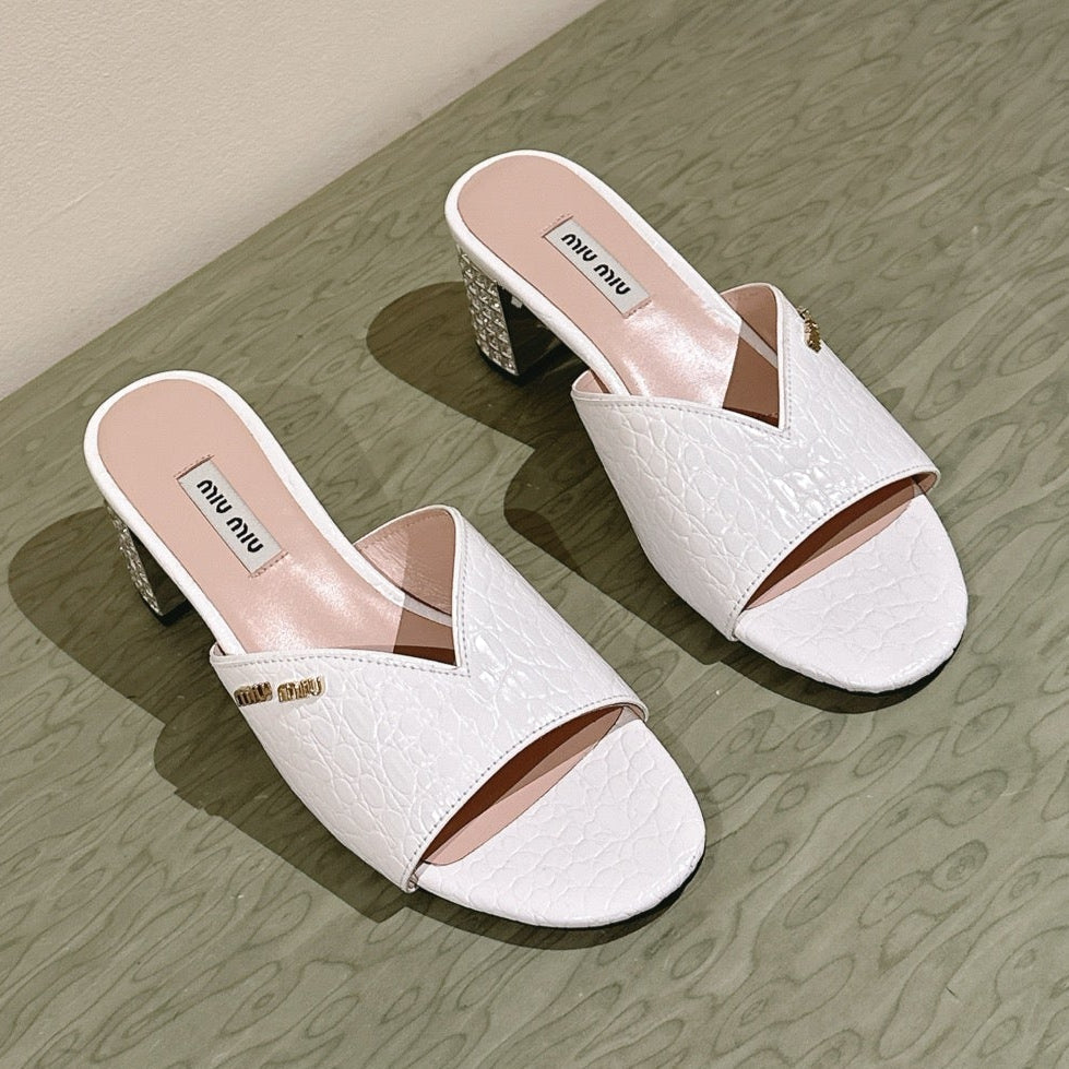 JEWELLED HEEL 55 MULE SANDALS IN WHITE CALFSKIN