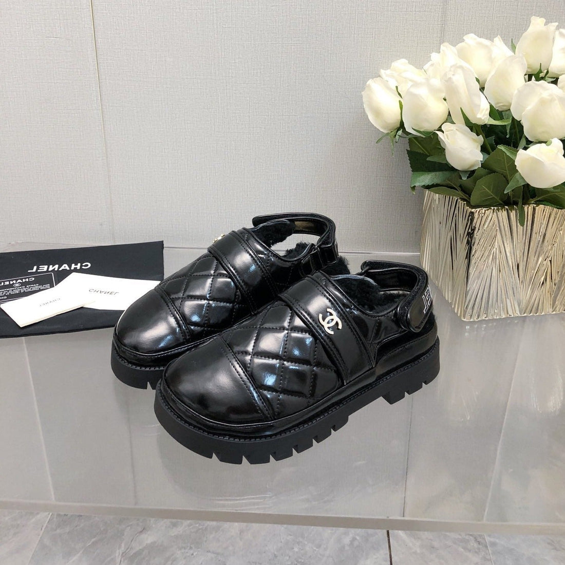 CHUNKY PLATFORM SHEARLING SLIPPER BLACK LAMBSKIN