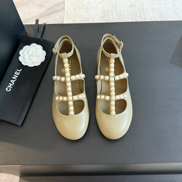 MARY JANES SHOES ECRU BEIGE GOATSKIN WITH FAUX PEARL