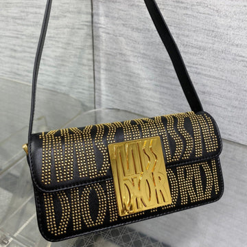 MINI FLAP BAG 18 IN BLACK LAMBSKIN WITH GOLD RHINSTONES