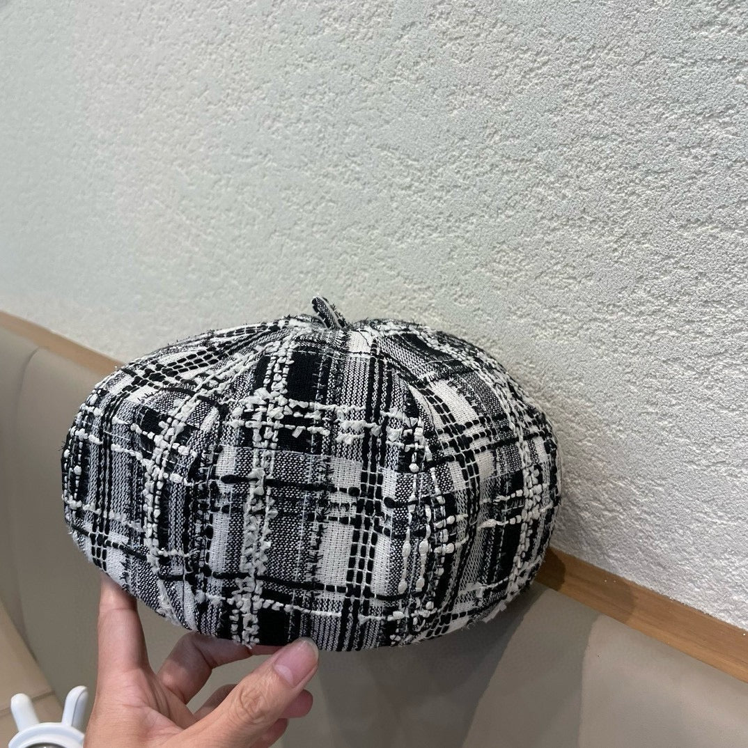 BERET HAT IN BLACK MIX WHITE WOOL TWEED 422552
