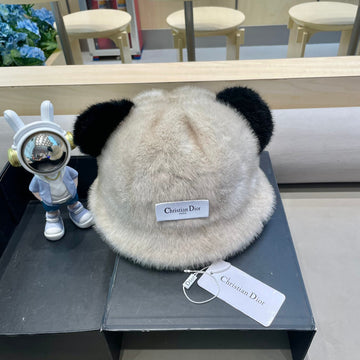 BUCKET HAT WITH CUTE BEAR EARS IN BEIGE RABBIT FUR 434968