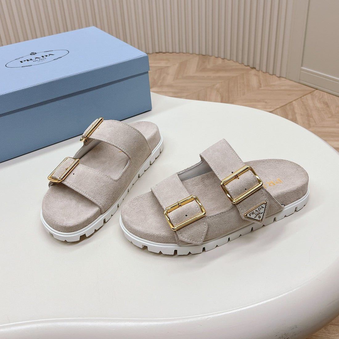 Double Buckle Strap Slides 20 Light Grey Suede