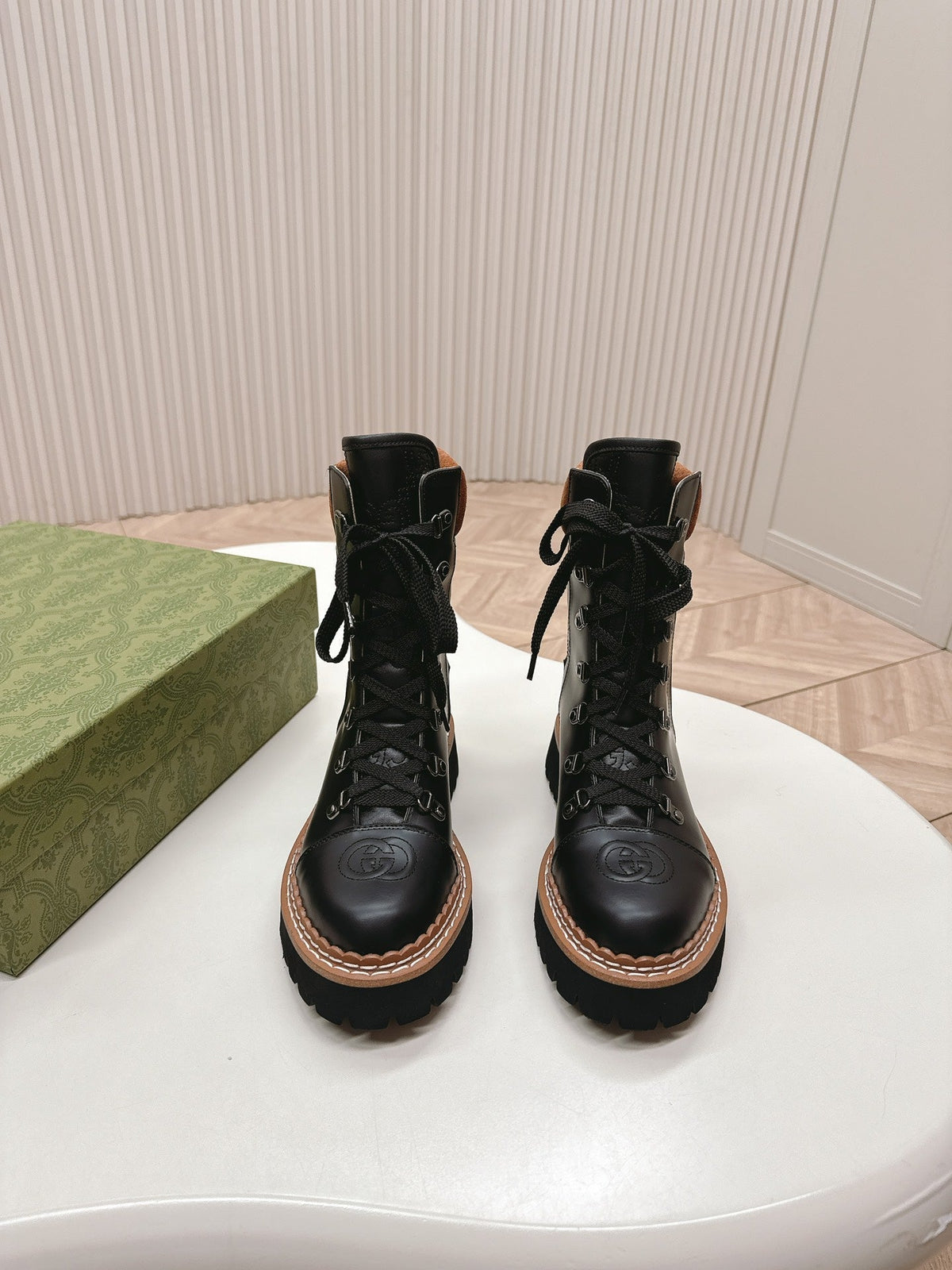 MARTIN LACE-UP ANKLE BOOTS IN BLACK EMBOSSED CALFSKIN MIX BROWN SUEDE