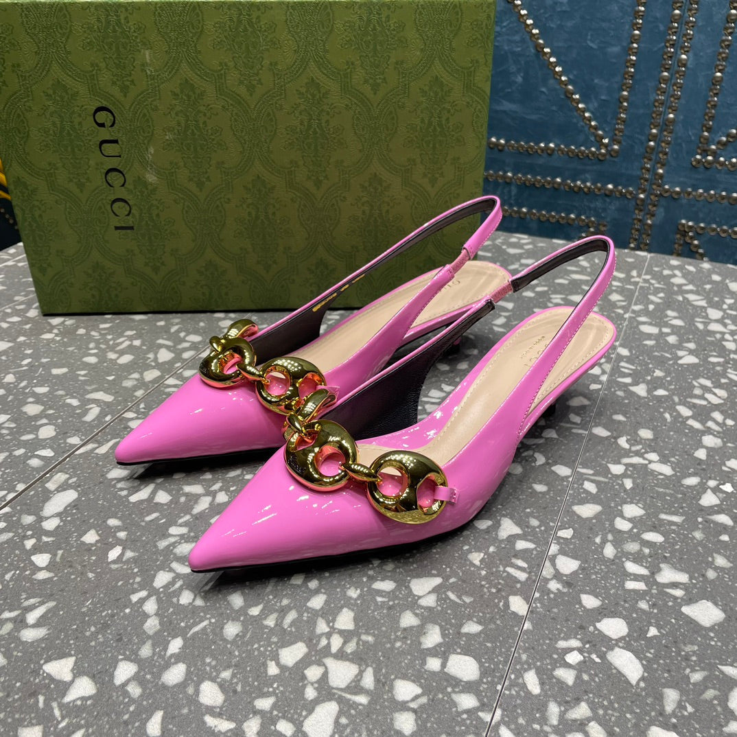 WOMEN'S SLINGBACK 45MM IN FUSCIA PINK CALFSKIN WITH GOLD HARDWARE