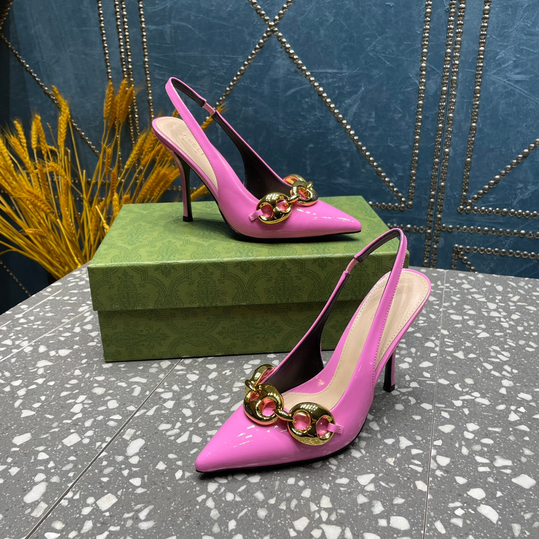 WOMEN'S SLINGBACK 10.5 CM IN FUSCIA PINK CALFSKIN WITH GOLD HARDWARE