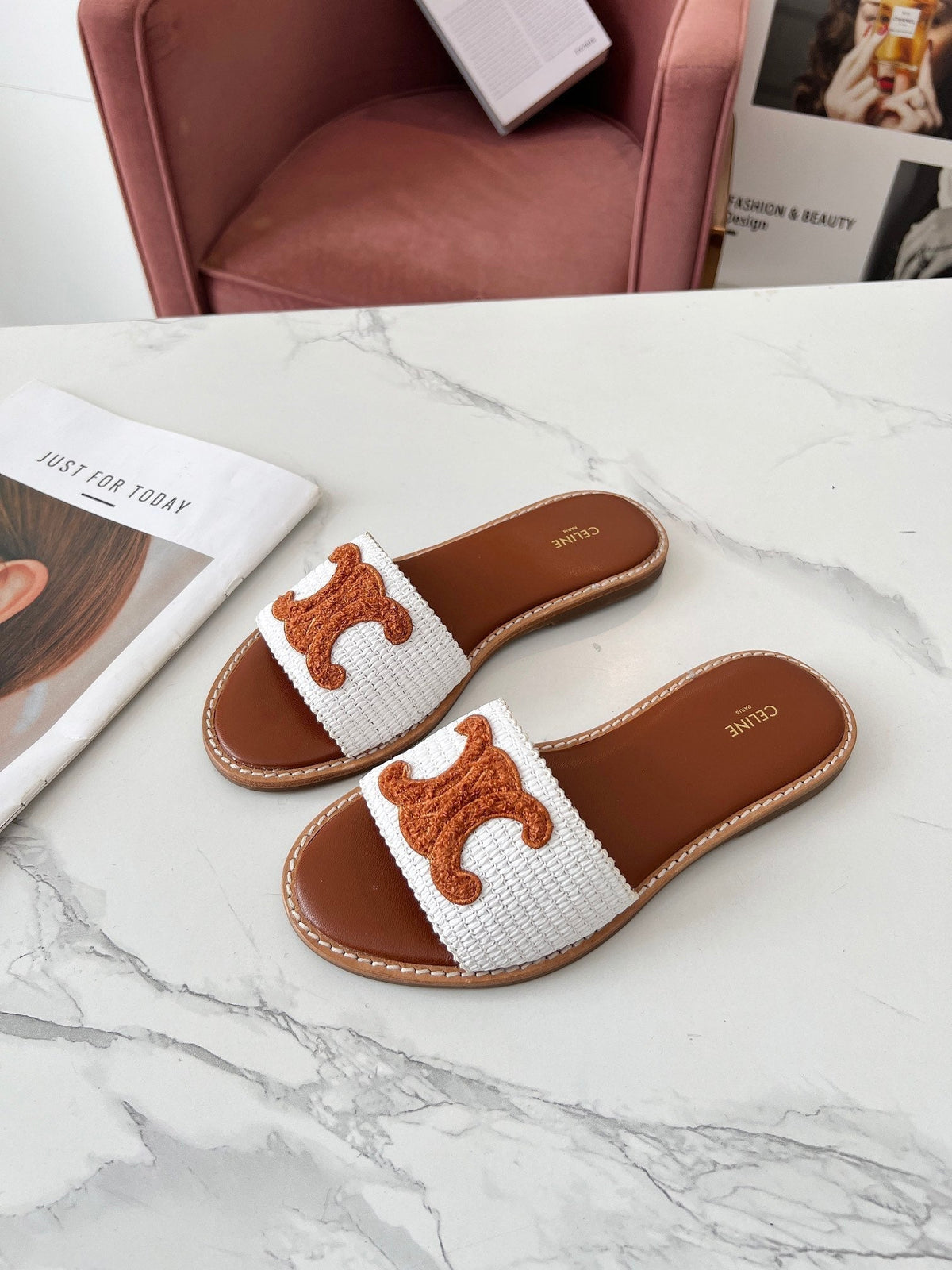 LYMPIA MULE WHITE RAFFIA AND TAN WOOL