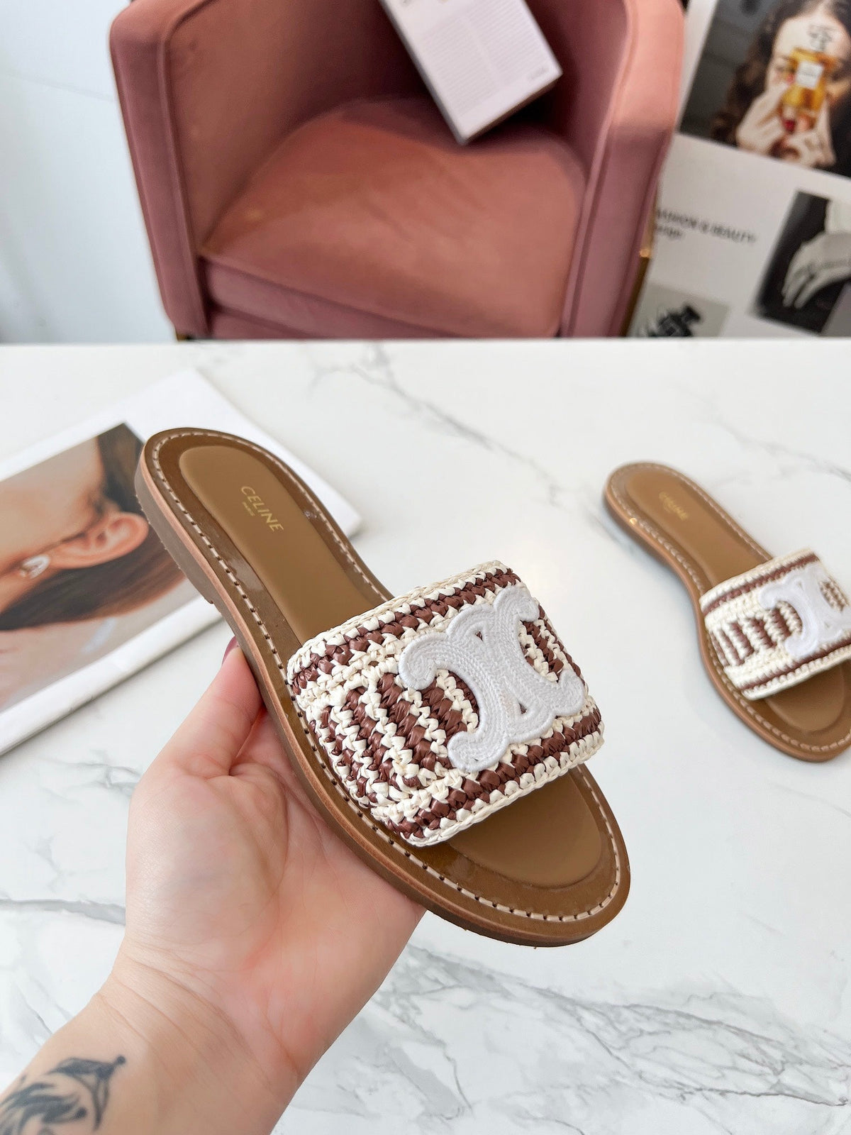 LYMPIA MULE WHITE MIX BROWN RAFFIA