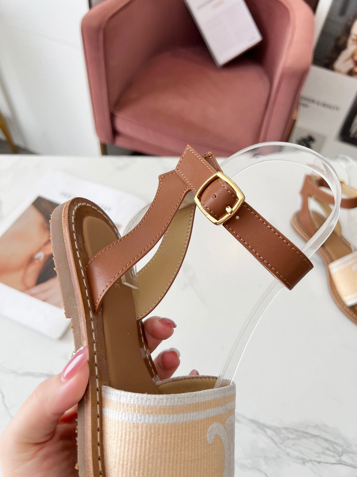 LYMPIA SANDAL IN BISQUE BEIGE MIX WHITE TRIOMPHE JACQUARD CANVAS & CALFSKIN