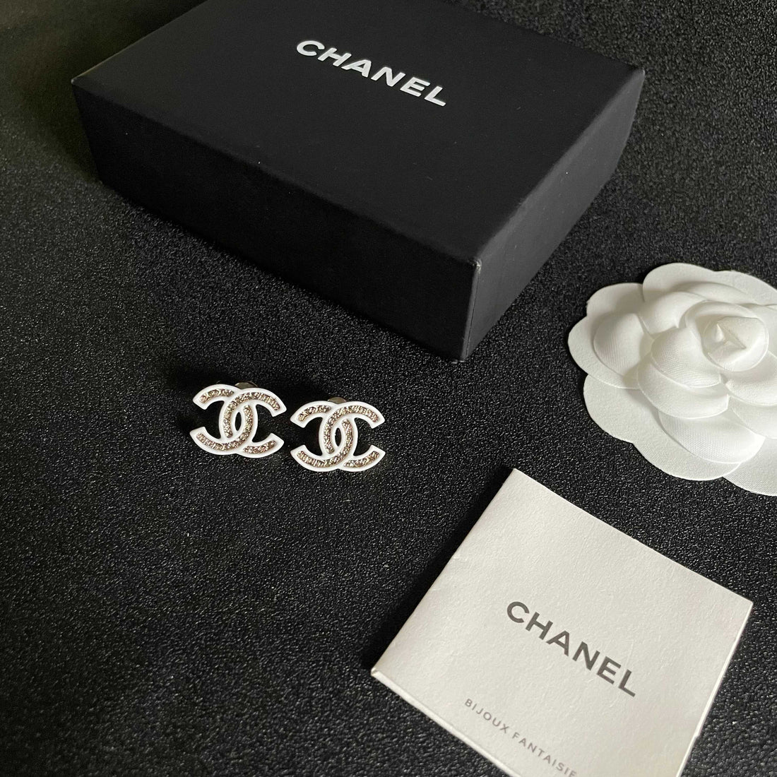 DOUBLE C STUD EARRINGS WITH WHITE TRIM AND CENTER STONE