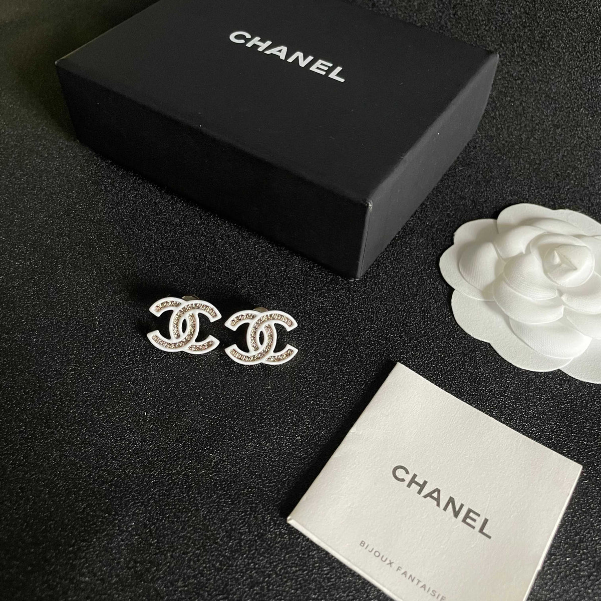 DOUBLE C STUD EARRINGS WITH WHITE TRIM AND CENTER STONE