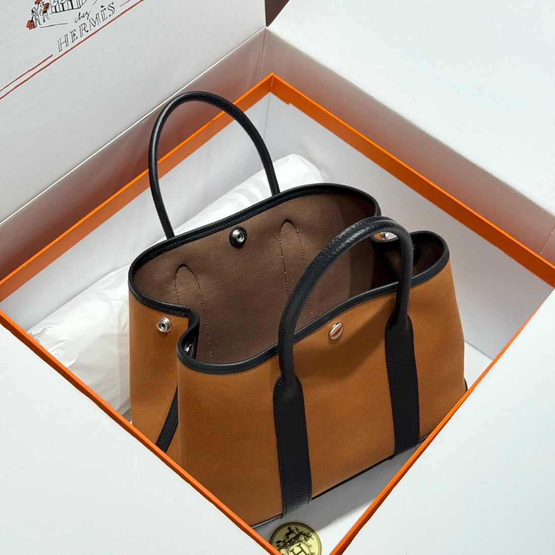 GARDEN PARTY 30CM IN ORANGE MINIMUM TOILETS COTTON CANVAS AND BLACK CALFSKIN