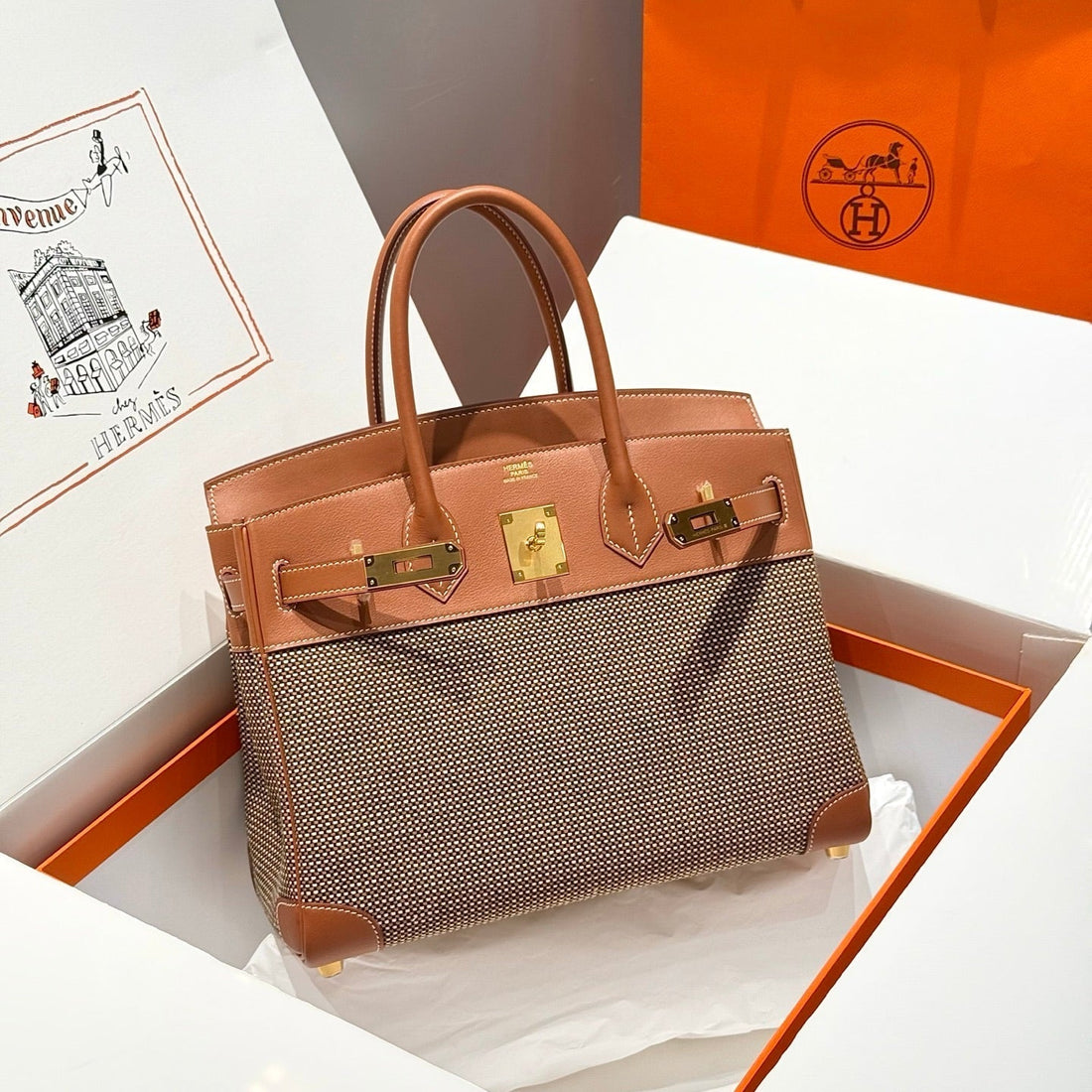 QUADRILLE BIRKIN 30CM IN GOLD SWIFT CALFSKIN AND BLACK/WHITE/BROWN TOILE CANVAS