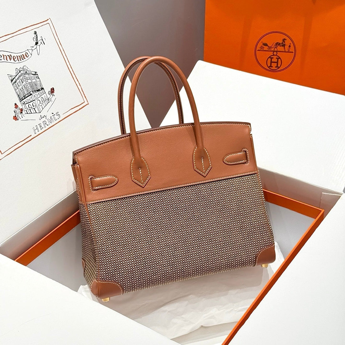 QUADRILLE BIRKIN 30CM IN GOLD SWIFT CALFSKIN AND BLACK/WHITE/BROWN TOILE CANVAS