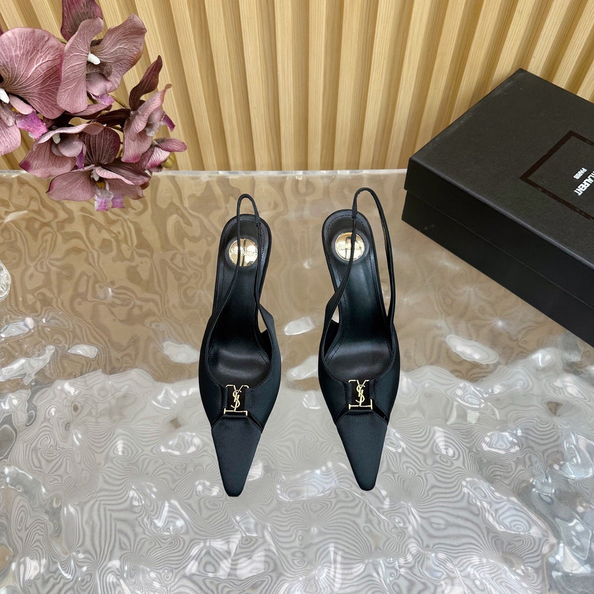 BABYLONE SLINGBACK PUMPS IN BLACK SILK
