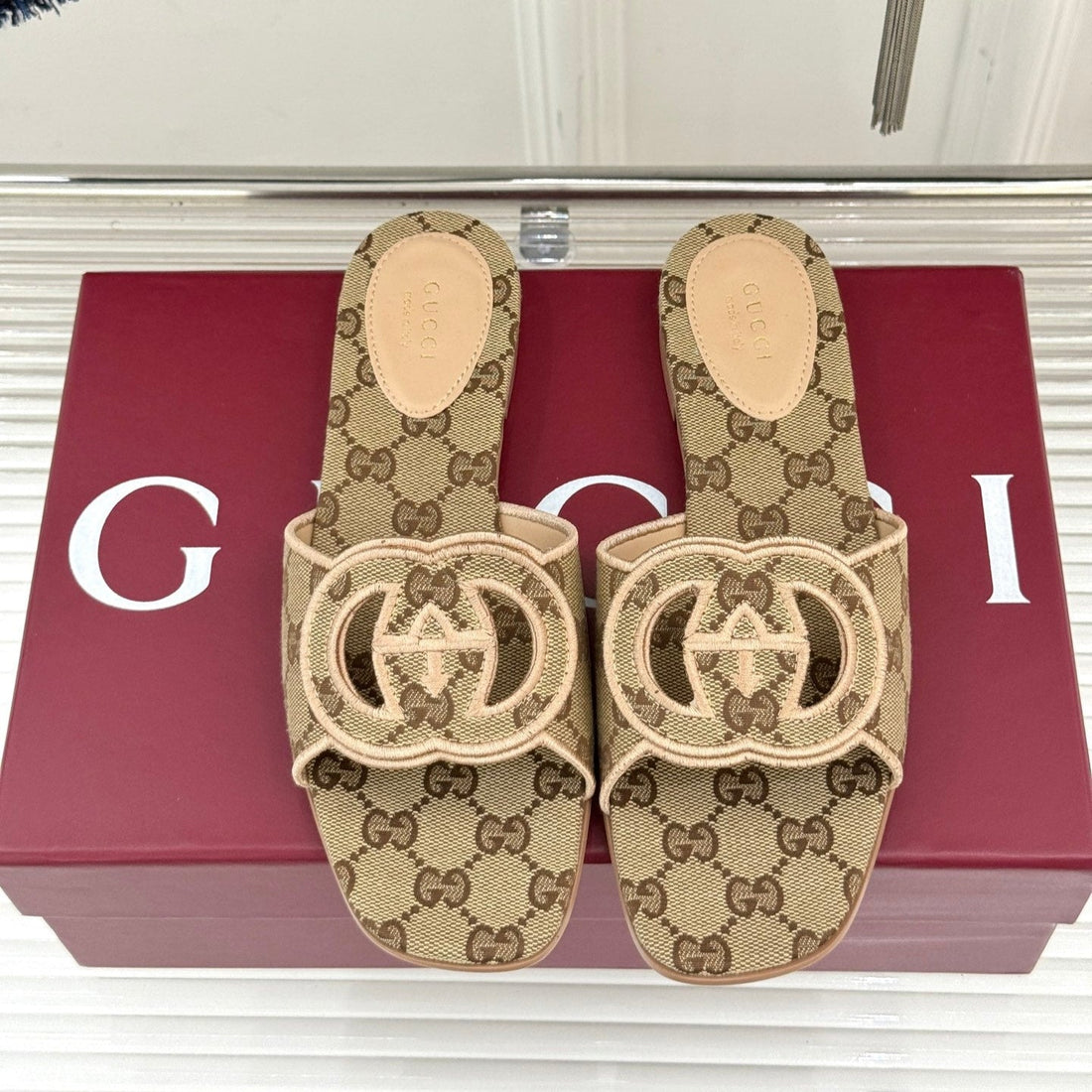 SLIDE SANDALS IN DARK BEIGE FABRIC EMBOSSED LOGO STYLE 3