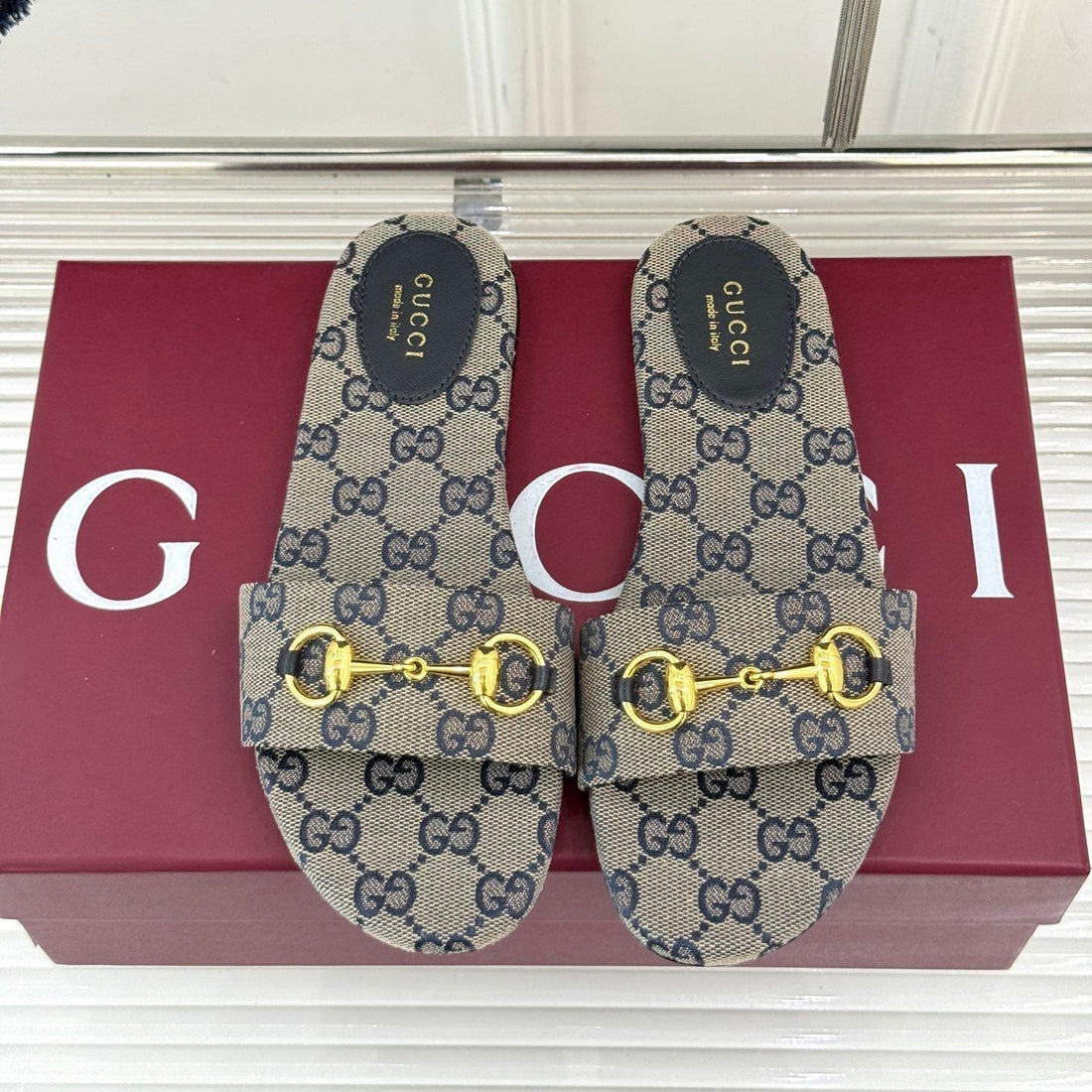 SLIDE SANDALS IN WARM BEIGE FABRIC EMBOSSED LOGO