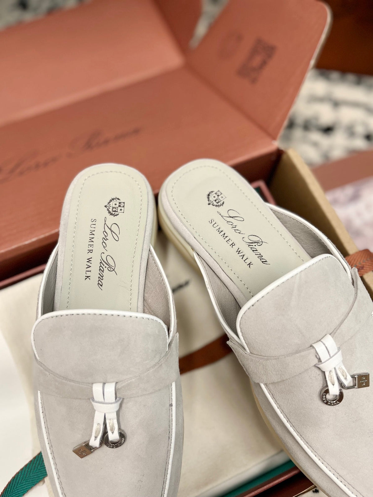 Loro Piana Grey White Suede Charms Walk Flat Mules