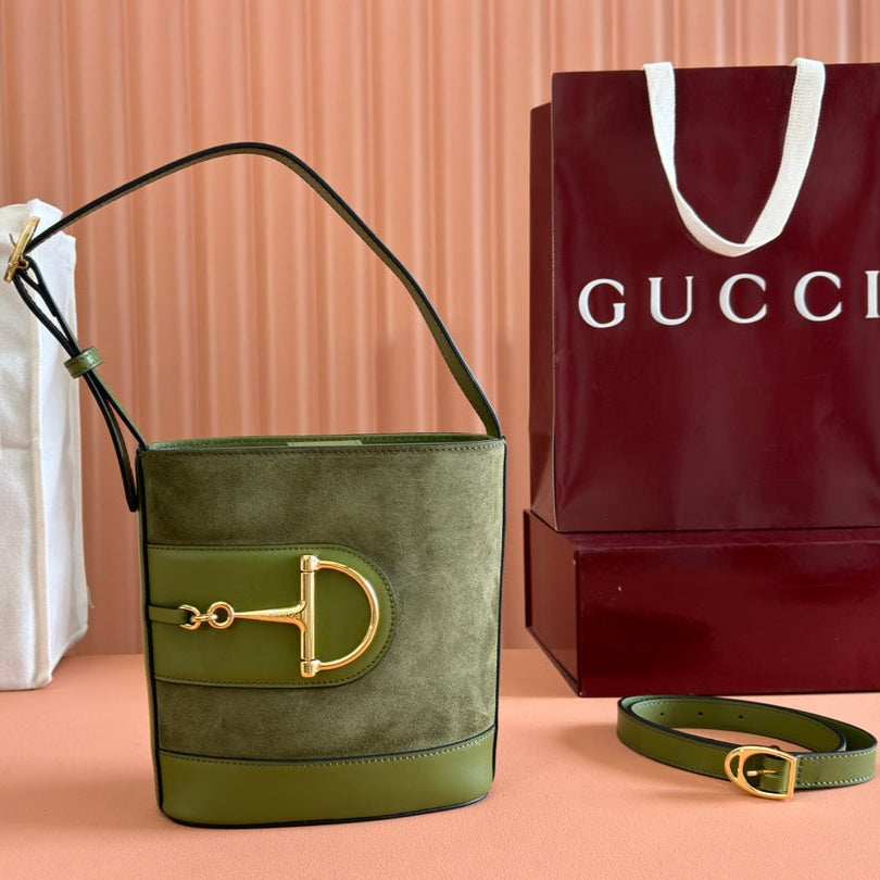73 SMALL BUCKET BAG 20 IN GREEN SOFT SUEDE AND CALFSKIN
