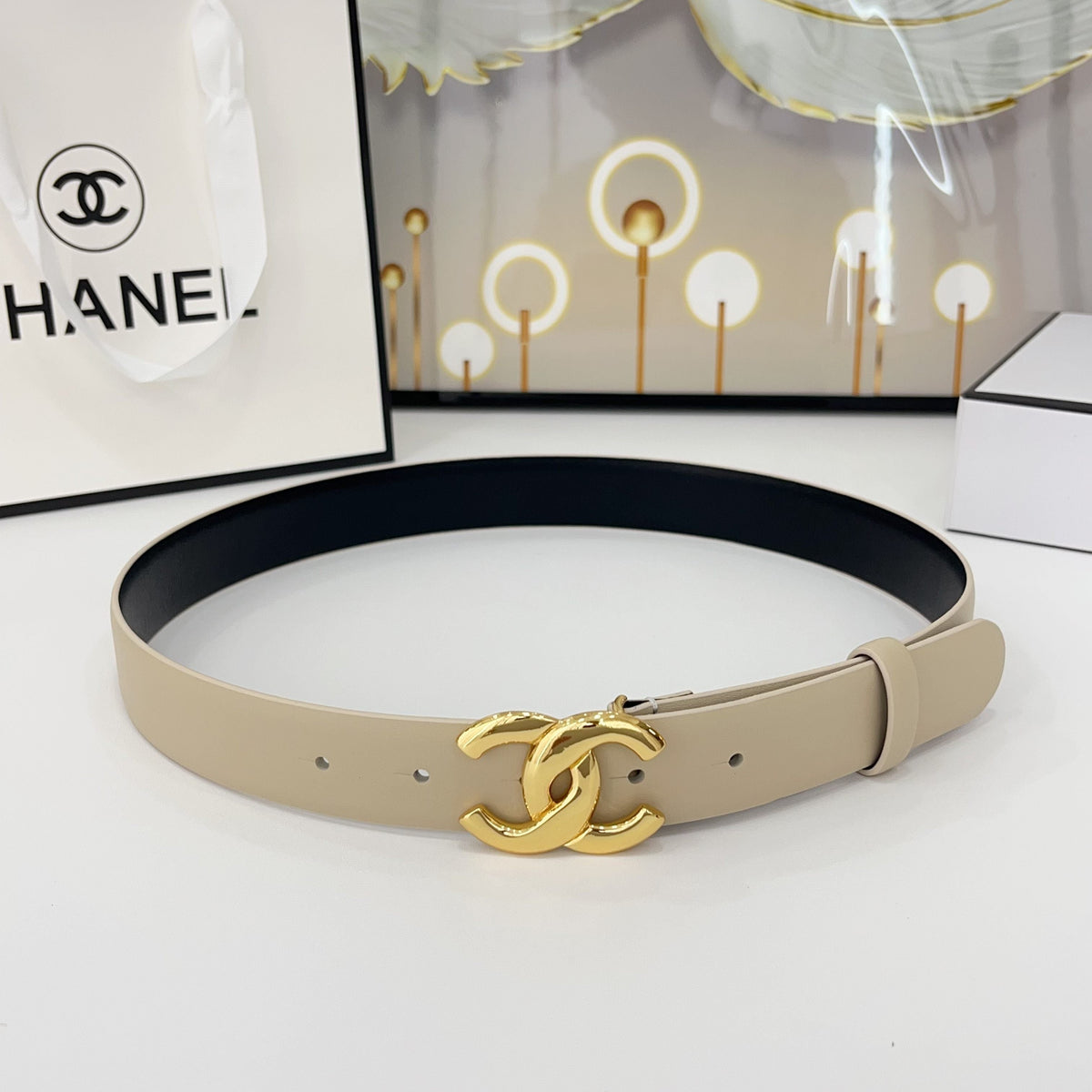 DOUBLE C BELT 30MM IN BEIGE CALFSKIN WITH SHINY GOLD BUCKLE