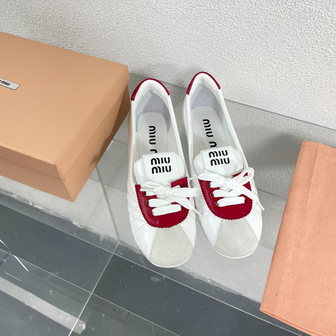 White Leather Ballet Flats With Red