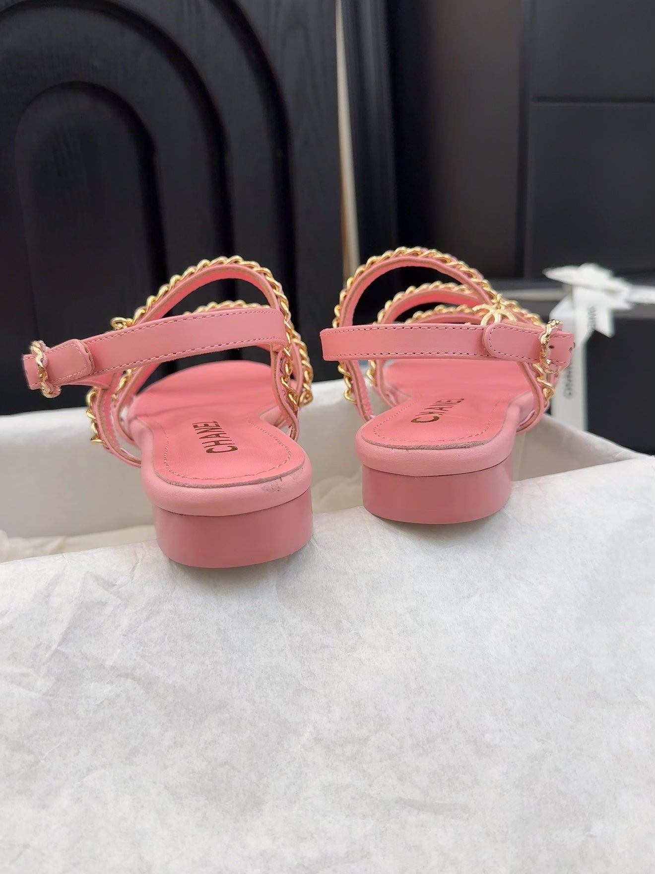 THREE-STRAPS SANDALS IN FLAMINGO PINK CALFSKIN WITH GOLD HARDWARE