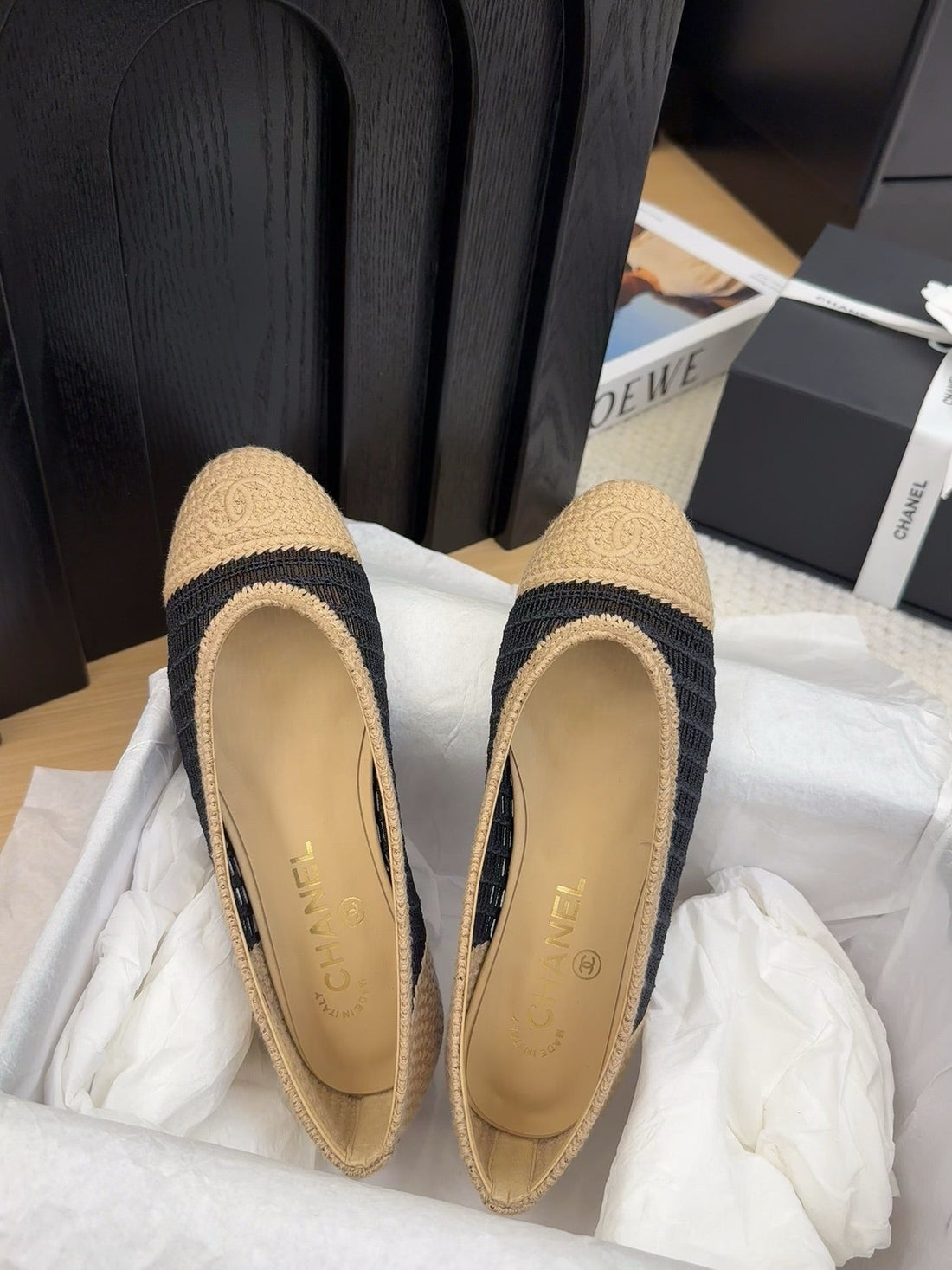 BALLERINAS IN BLACK MIX PEANUT BROWN RAFFIA