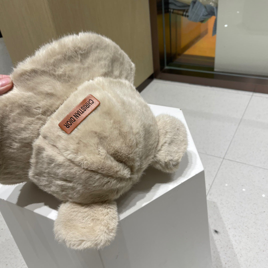 BUCKET HAT WITH CUTE BEAR EARS IN BEIGE MINK FUR 422025