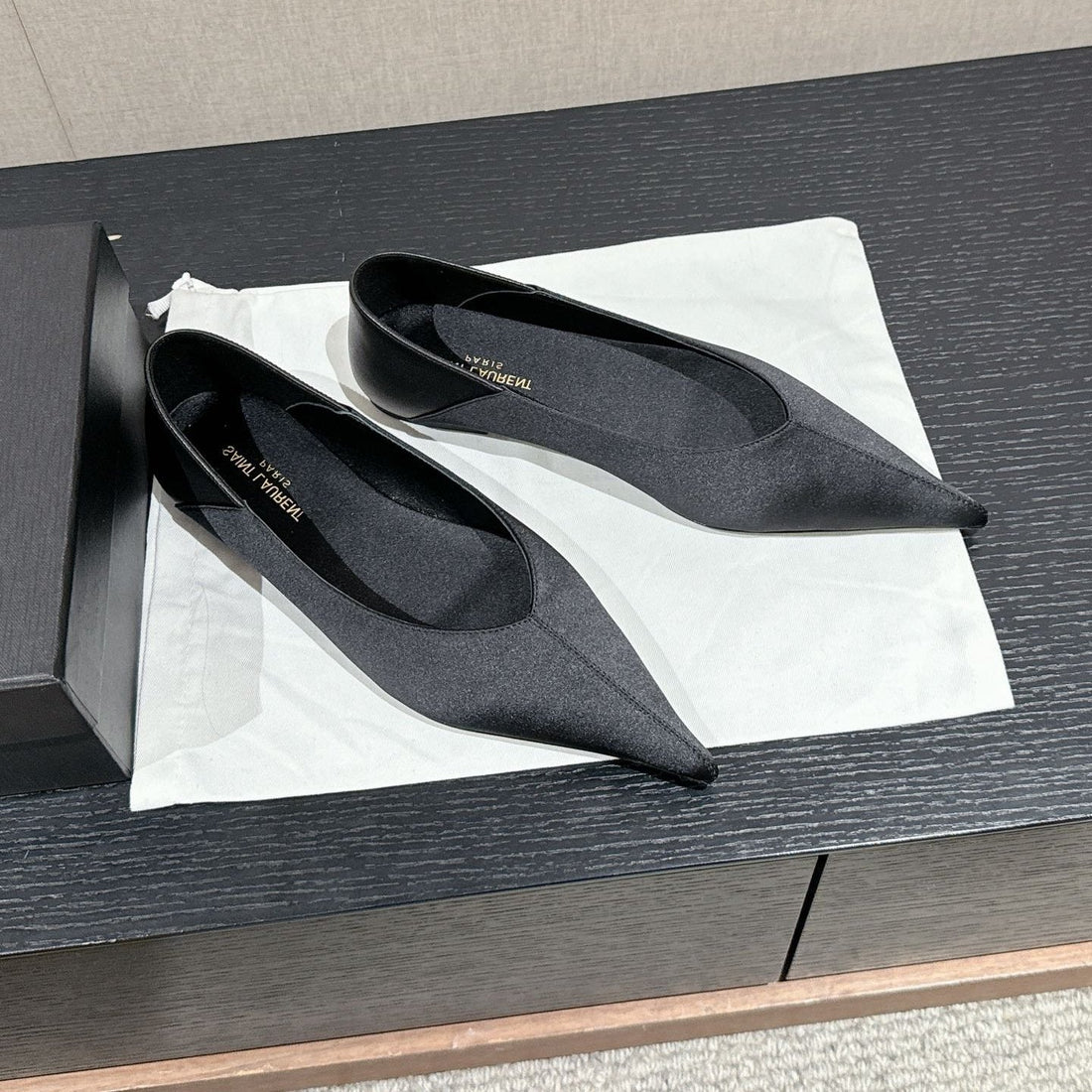 SL NOUR POINTED TOE BALLET BLACK SATIN