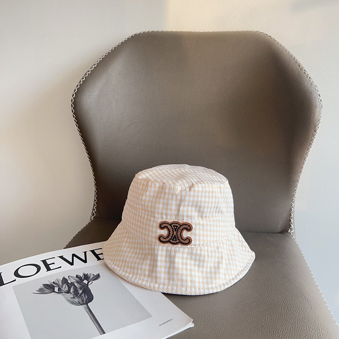 BUCKET HAT MODEL 652076 IN ORANGE & WHITE GINGHAM FABRIC