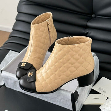 CC BALLET SHORT BOOTS 65 MM IN SEPIA BEIGE MIX BLACK QUILTED PATTERN LAMBSKIN