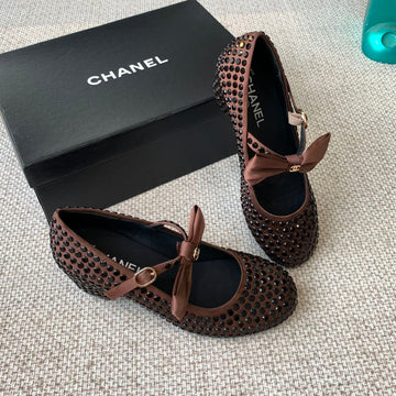 CC MARY JANES SHOES IN UMBER BROWN SATIN WITH RHINESTONES