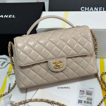 FLAP BAG WITH HANDLE 25 IN BEIGE LAMBSKIN GOLD PLATED METAL