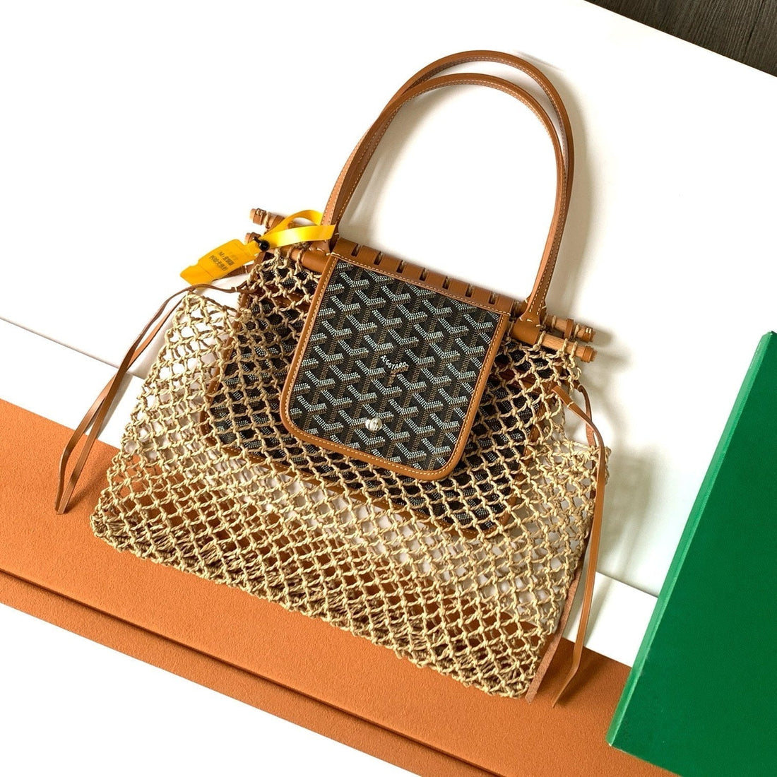 ALIGRE BAG 34 IN BROWN WOVEN RAFFIA AND CALFSKIN