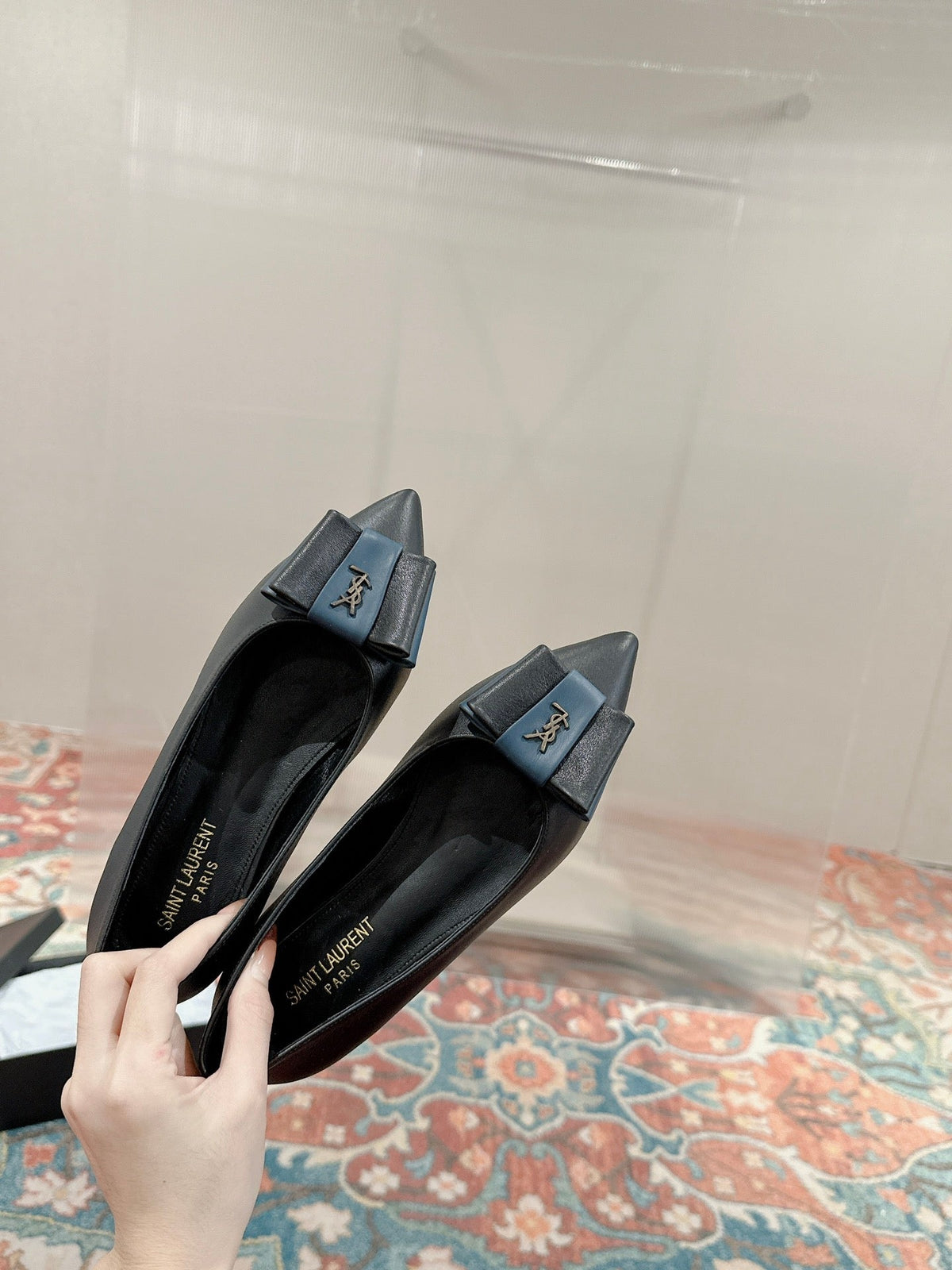 CASSANDRA BALLET FLAT IN BLACK MIX BLUE SMOOTH LAMBSKIN
