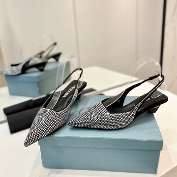 PRA SLINGBACK PUMPS BLACK SATIN WITH WHITE CRYSTALS