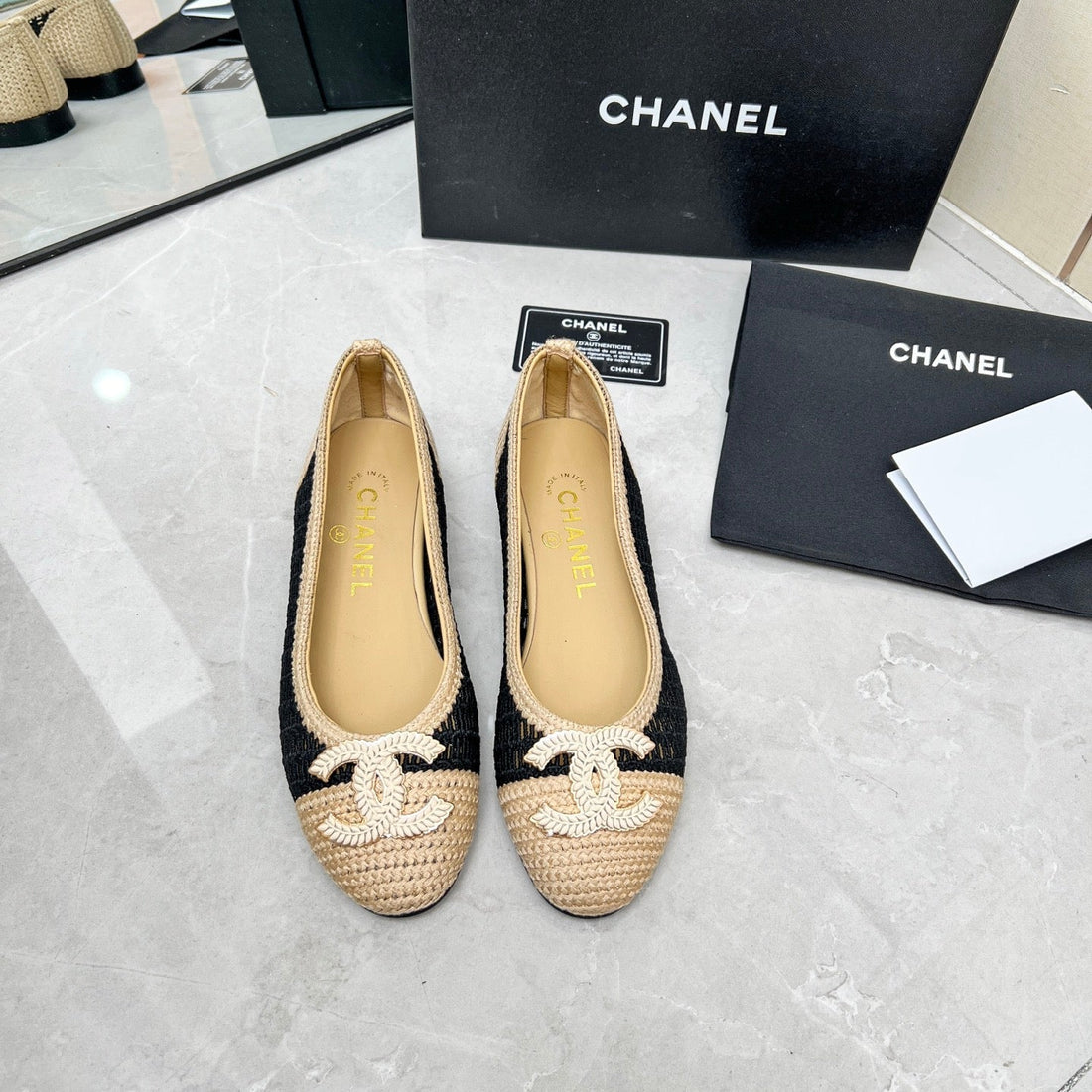 BALLET FLAT 10 MM IN BLACK MIX BEIGE RAFFIA