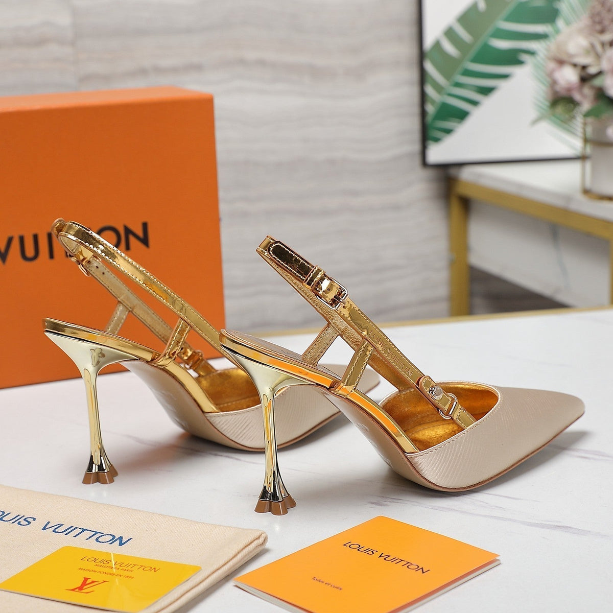 LV WOMEN BLOSSOM SLINGBACK PUMP IN GOLDEN EMBROIDERED FABRIC